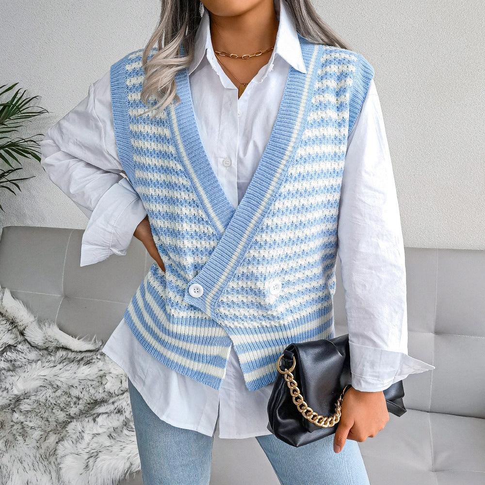 MJ Chloe Stripe College Knitted Vest Sweater - Marianne Jones