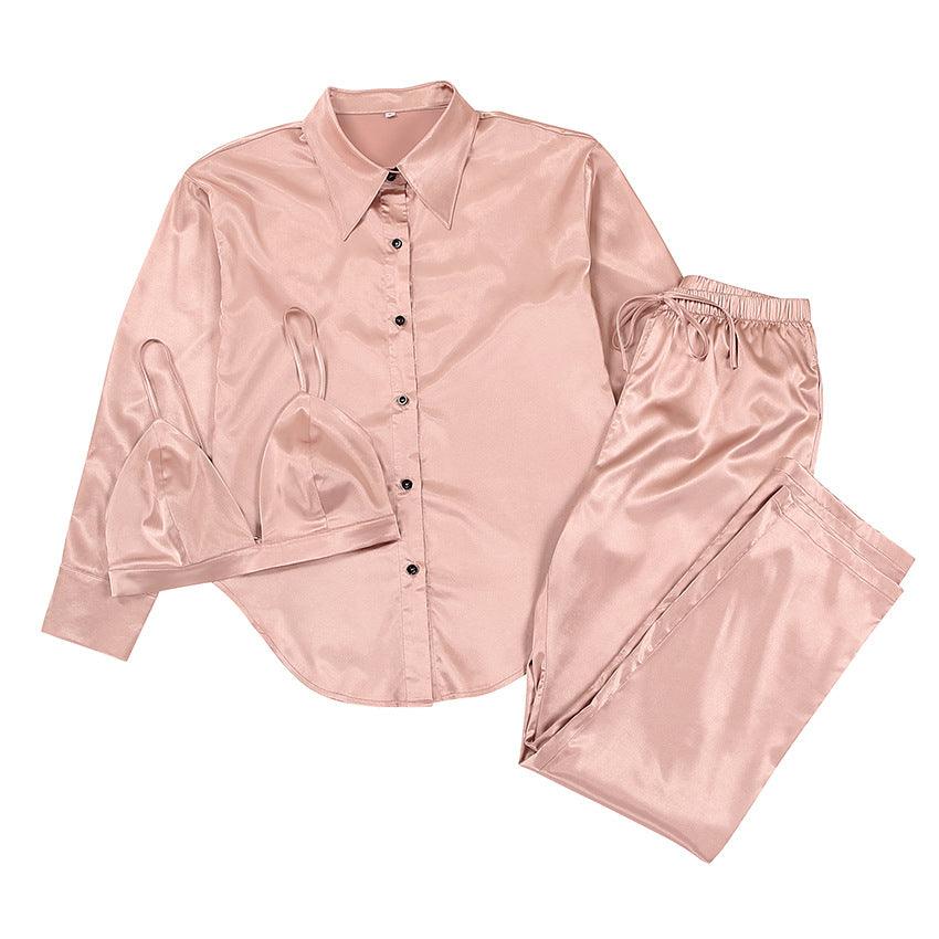MJ Rosemarie Satin Shirt Top Pants Three-Piece Pyjamas Set - Marianne Jones